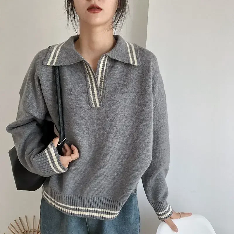 

Vintage Basic Gray Women Sweater Long Sleeve Striped Loose Korean Fashion Knit Pullovers Preppy Autumn Jumper Casual