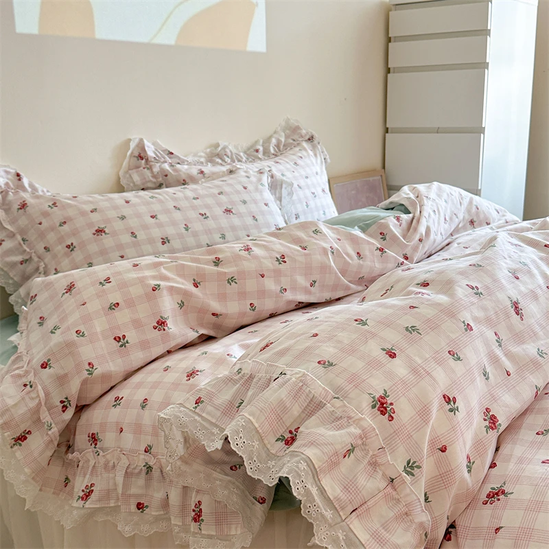 

Корейский стиль принцессы с цветочным кружевом и оборками, комплект постельного белья из 100% хлопка, пододеяльник, юбка/простыня/простыня на подушку 3/4 шт.