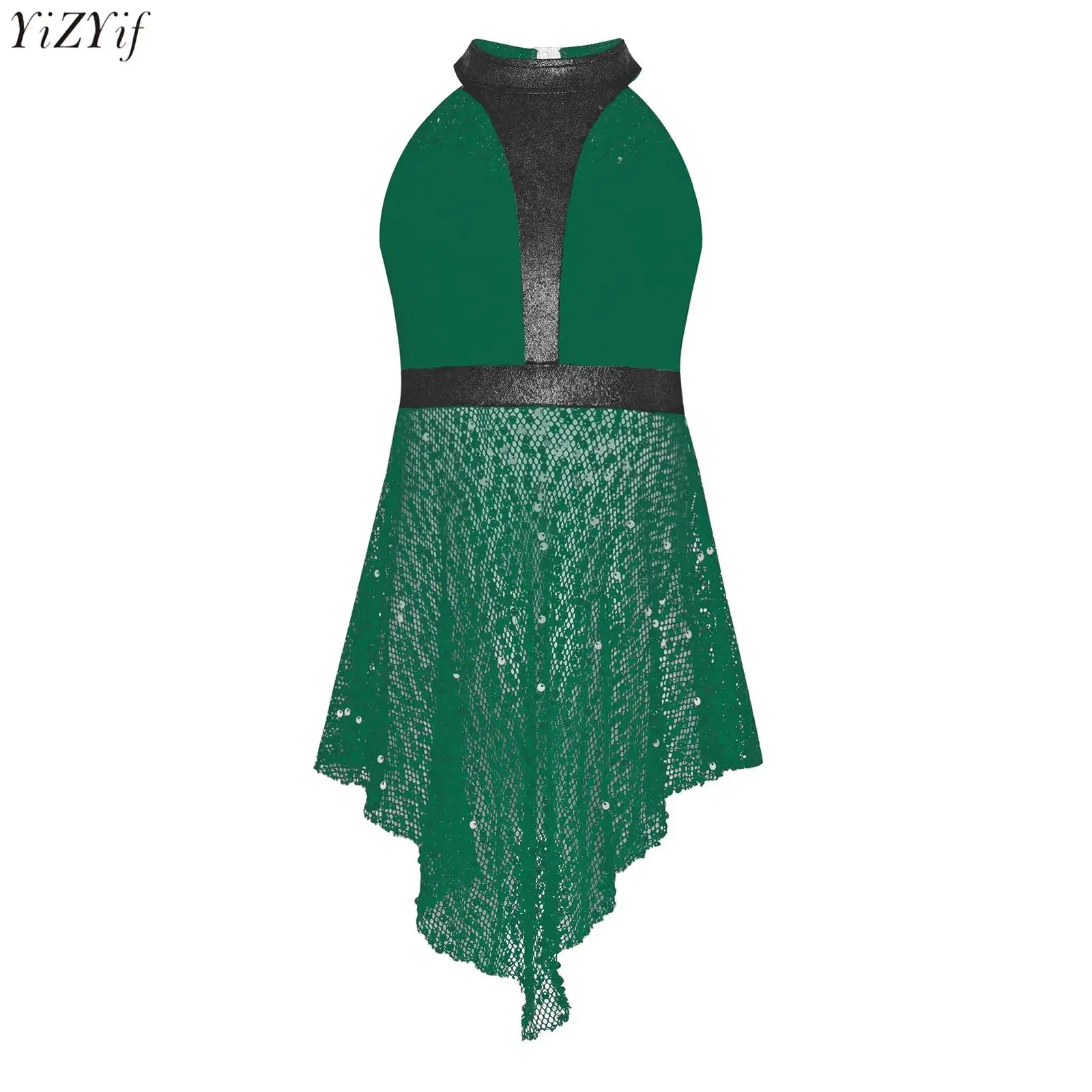 

Kids Girls Jazz Dance Top Overalls Shiny Sequins Sleeveless Hollow Out Mesh Irregular Hem Skirt Dress Ballet Lyrical Dance Tops