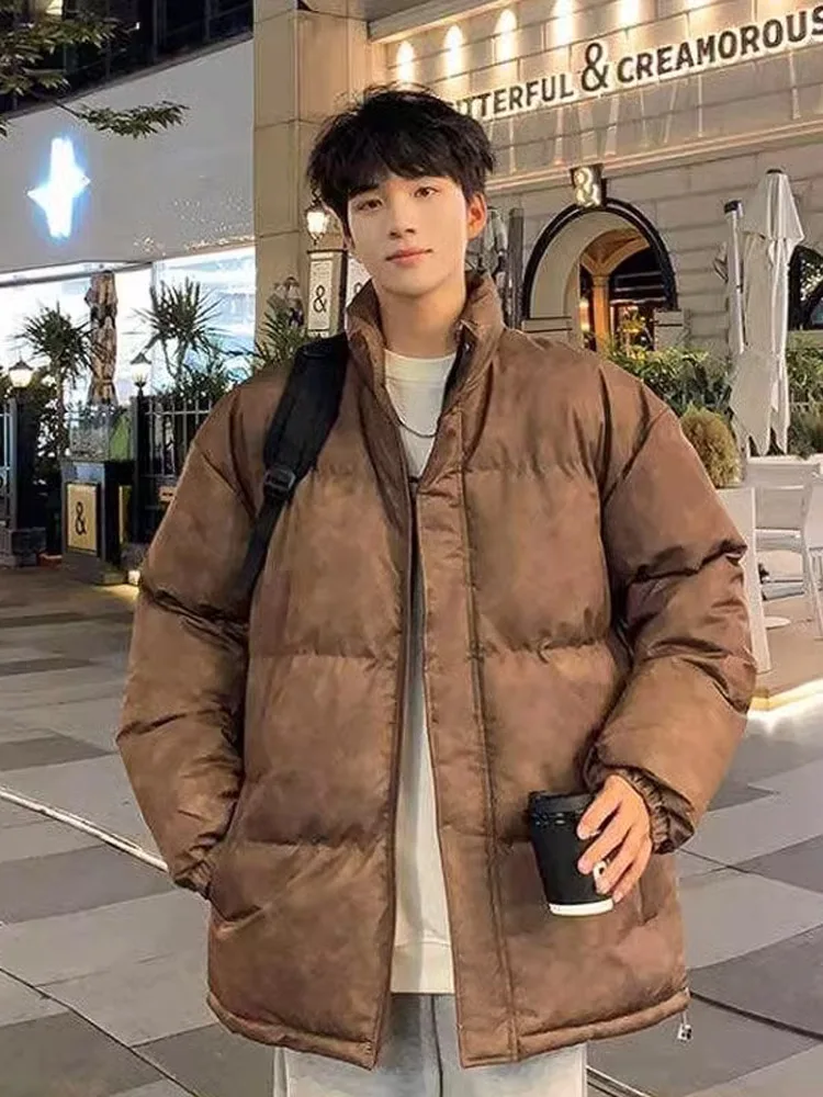 เสื้อแจ็คเก็ตผ้าฝ้ายสไตล์เรโทรใหม่สำหรับผู้ชาย ทรงหลวม คอตั้ง เสื้อคลุมฤดูหนาว ใยโพลีเอสเตอร์เสริมความอบอุ่น