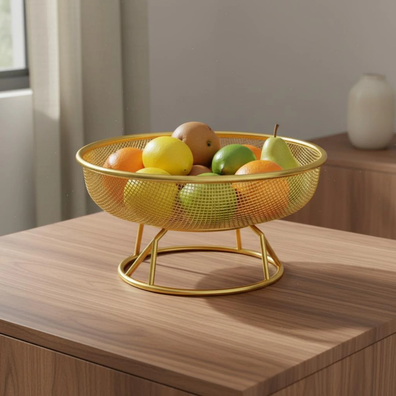 Mesh Fruit Basket Open Weave Pedestal Fruit Bowl Metal Basket Rolled Rim Serving Tray Shallow