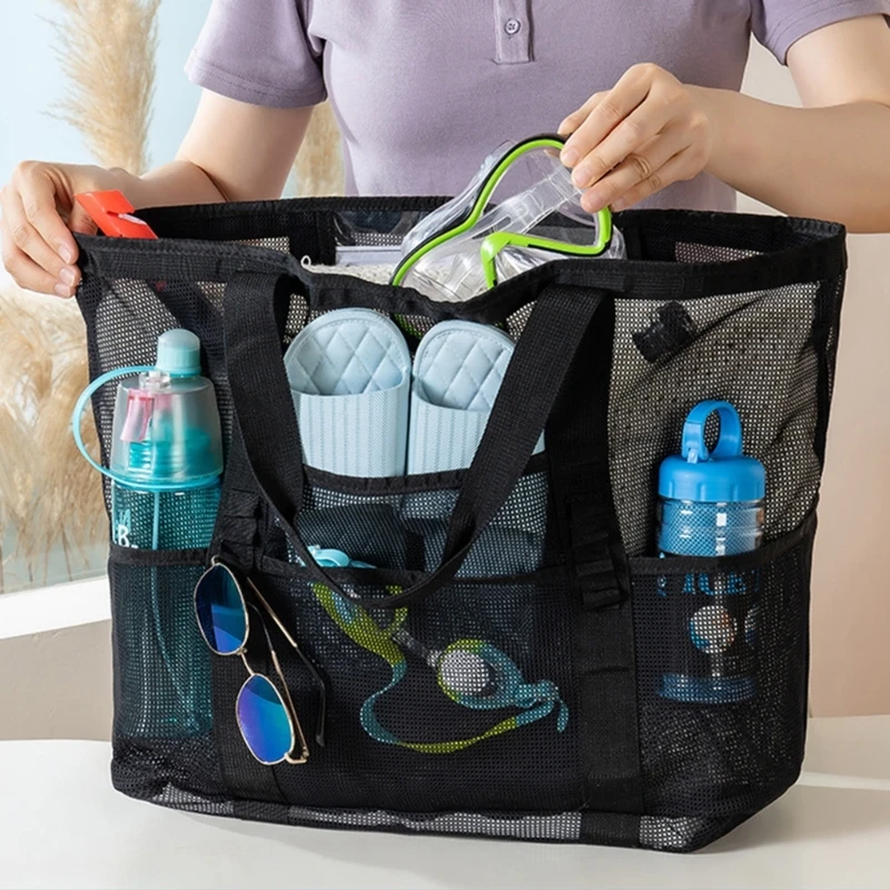 

Light Weight Quick Dry Beach Bag Large Capacity Nylon Mesh Bag with Pockets Portable Travel Storage 24BD
