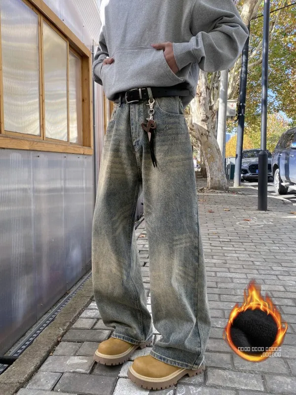 

Мужские джинсы в американском ретро-стиле, с подкладкой, прямого кроя, повседневные, свободные, теплые зимние джинсы Sli Brand