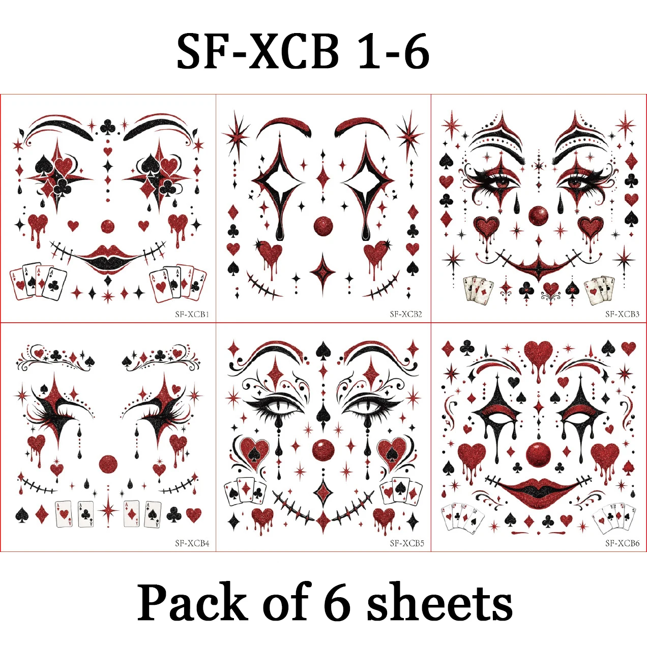 6-teiliges Set Halloween Wasserfeste Glitzer-Clown-Gesichtsaufkleber – Poker-Themen-Party-Make-up & Neuartige Gesichtsdekorationen – Detail 8