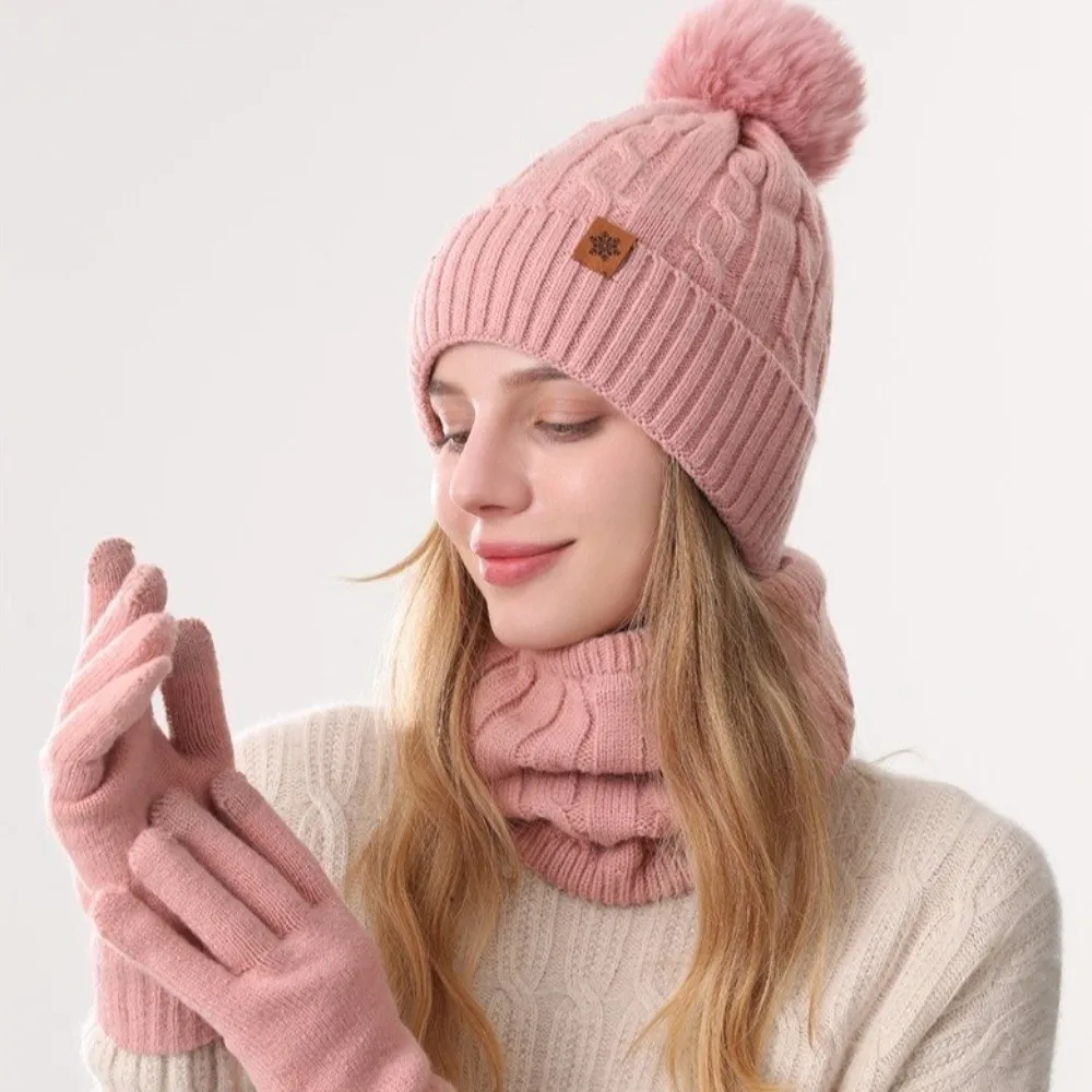 3Pcs/Set Warm Winter Hat Scarf Gloves Set Thicken Windproof Knit Beanie Snood Set Lining Elastic Touchscreen Gloves