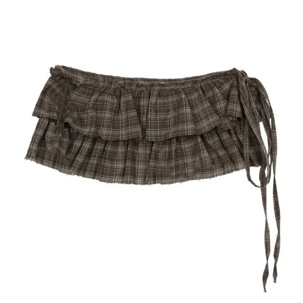 Hip-hop Layer Outfits Plaid Skirt Shirt Extender Y2K Lace Up Hip Scarf Sweet Korean Style Ruffled Edge Waistband Jeans Decor
