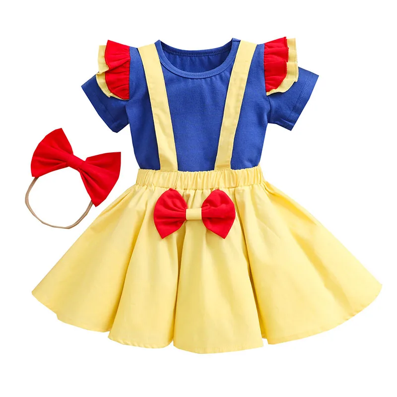 

Princess Dress Kid Girl Clothes Bow Headband+Flying Sleeve Tops+Suspender Skirt 3Pcs Set Infant Baby Girl Summer Outfit A1338