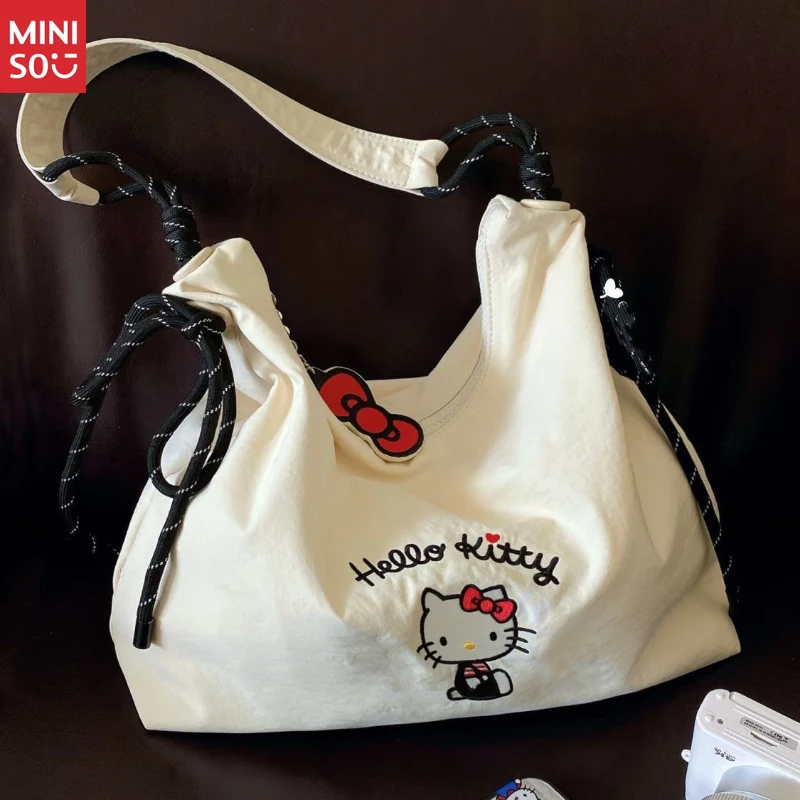 Miniso 2025 Hello Kitty Canvas Tote, Summer Embroidered Shoulder Bag for Commute