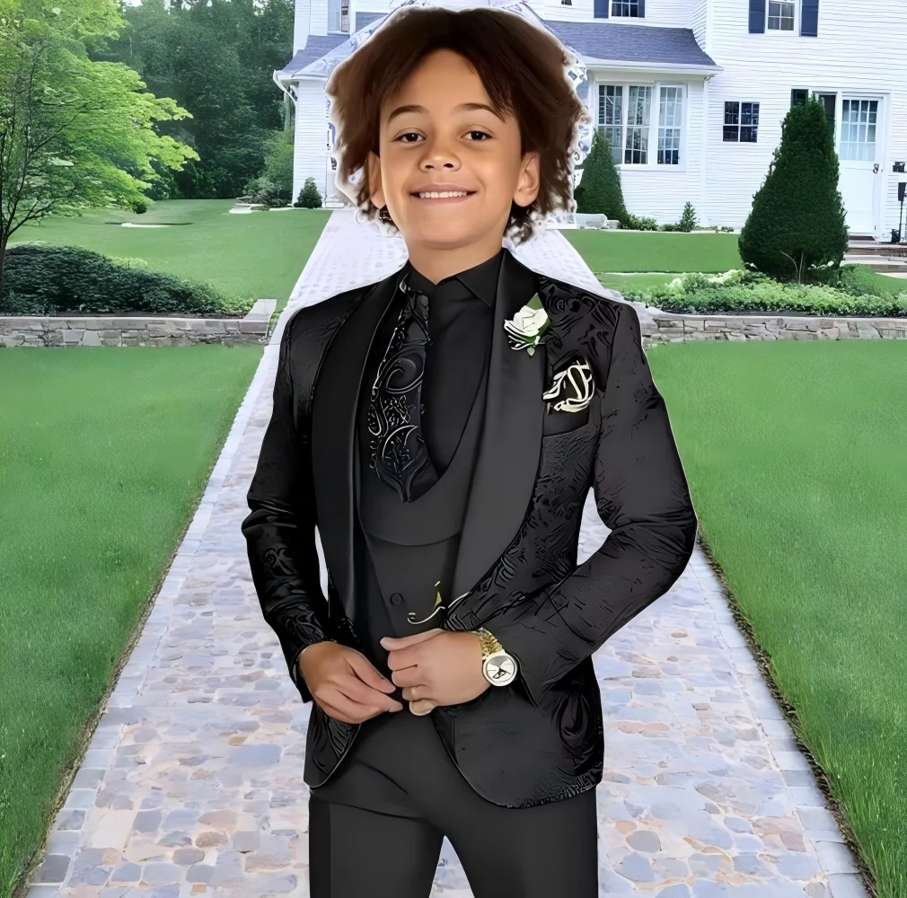 

Black Jacquard Suit for Boys Party Dress Wedding Tuxedo Shawl Lapel 3 Pieces Suit Custom Kids Suit 2T-16T Slim Fit Outfit