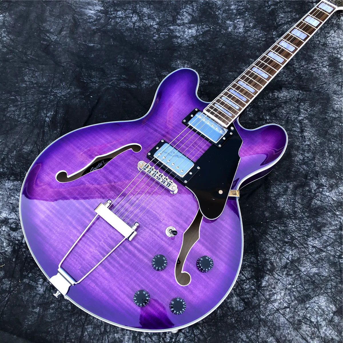 

Grote Purple Flame Maple Electric Guitar Rosewood Fingerboard Double F Holes Thin Body Jazz,Free Shipping