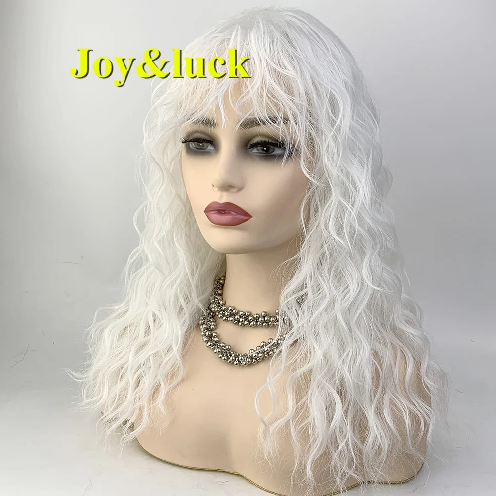 Synthetic White Cosplay Long Curly Wavy Wig With Bangs  Women Good Quality Party Fashion Natural  Hair