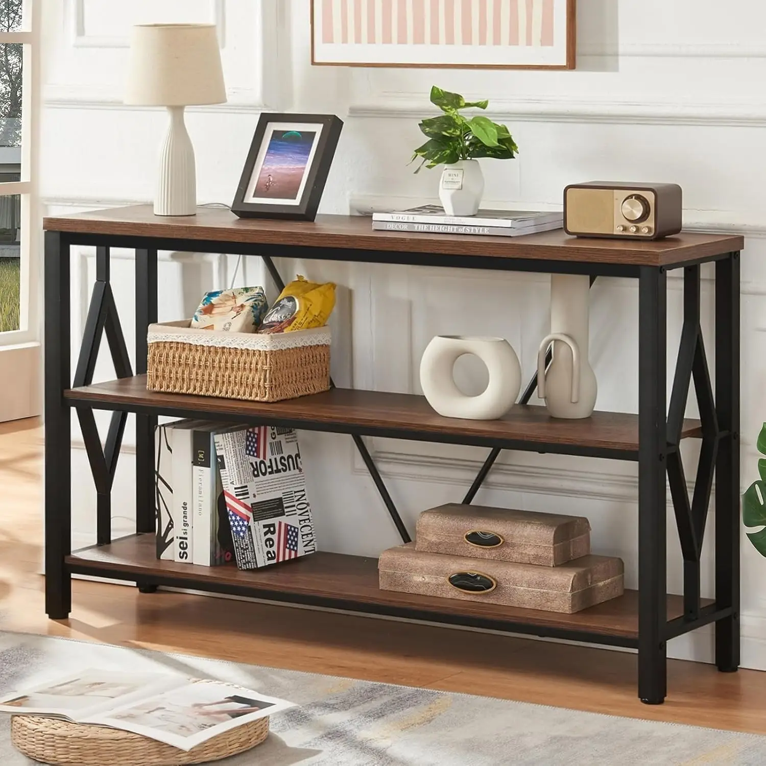 

Sofa Console Table, Rustic Console Table with 3-Tier Storage,Engineered Wood Sofa Tables Open Shelves,Heavy Duty Entryway Tables