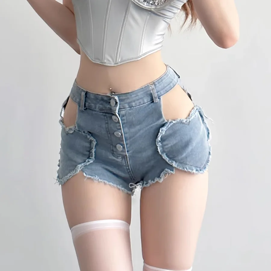High Waist,Sexy Women's Shorts,Denim Fabric,Broken Hole Splicing,Ladies Skinny Nightclub DJ,Super Short Jeans,New Summer 2024