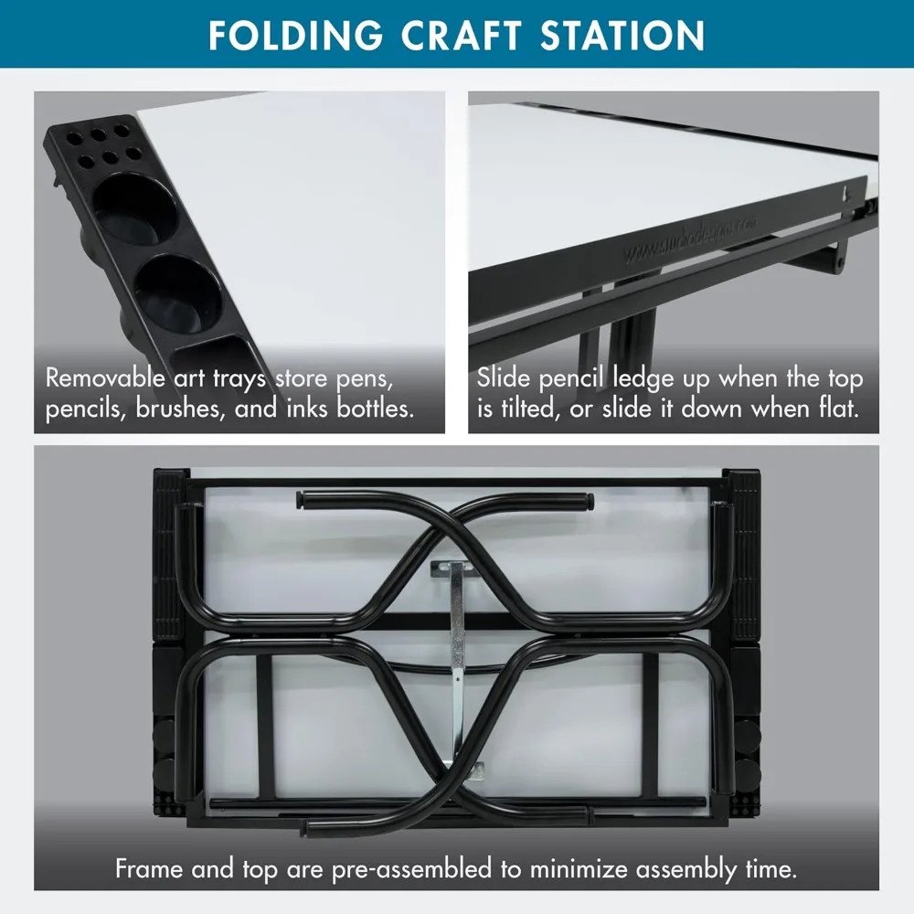Adjustable Modern Folding Craft Table, 35.25 Wide x 23.75 Deep, Black and White