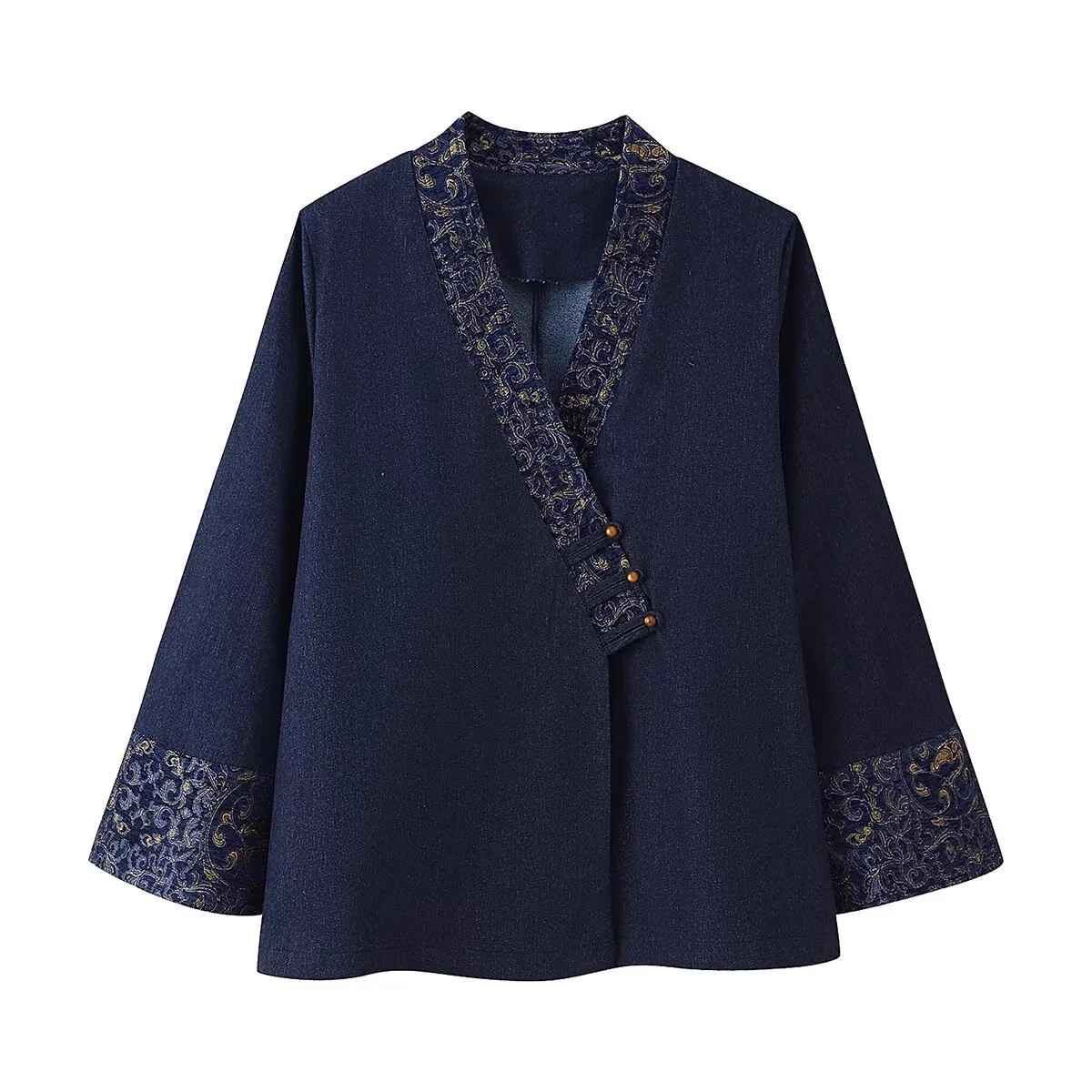 European And American Style Women's Cardigan Outerwear New Floral Embroidery Denim Effect Kimono Style Coat Jacket