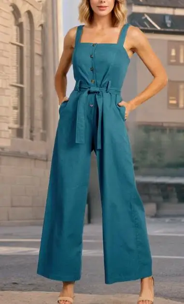 Summer New Women's Fashion Belt Sleeveless Camisole Single-Breasted One-Piece Pants