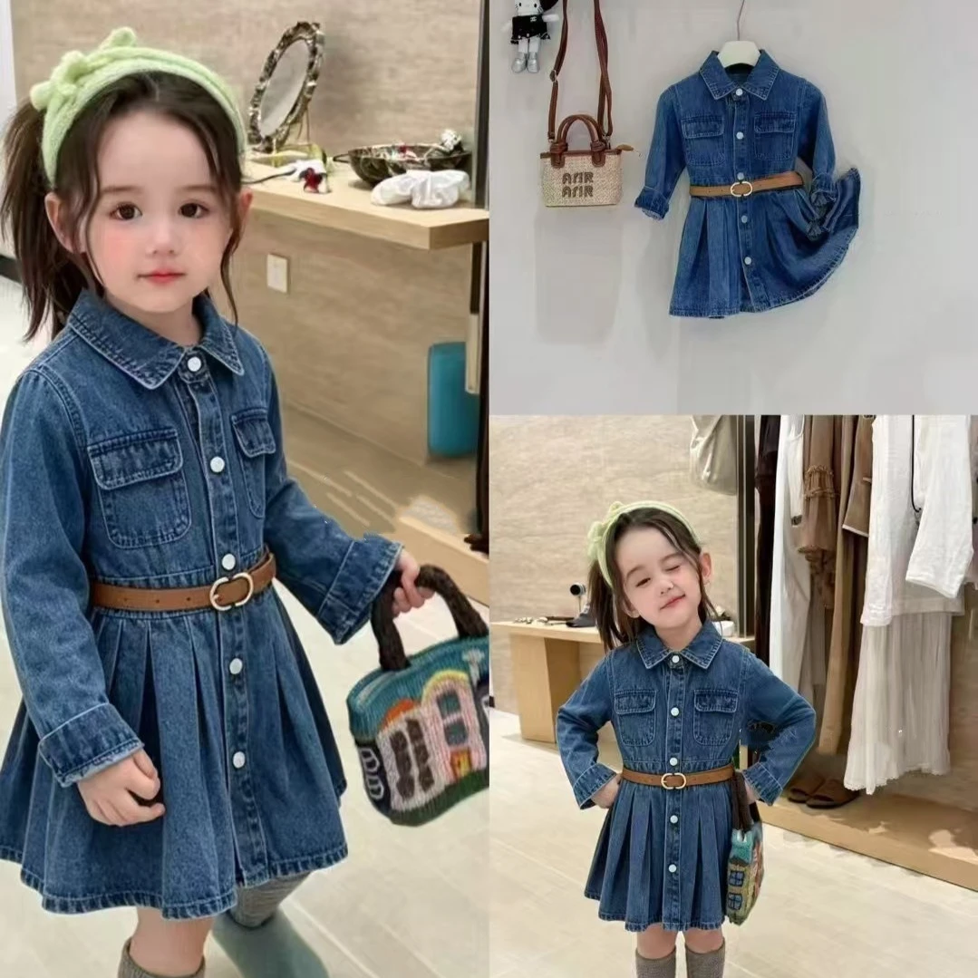 Girls Dress 2026 Autumn and Winter New Children's Clothing Korean Style Girls Baby Fashion Lapel Belt Long Sleeve Cowboy Dress