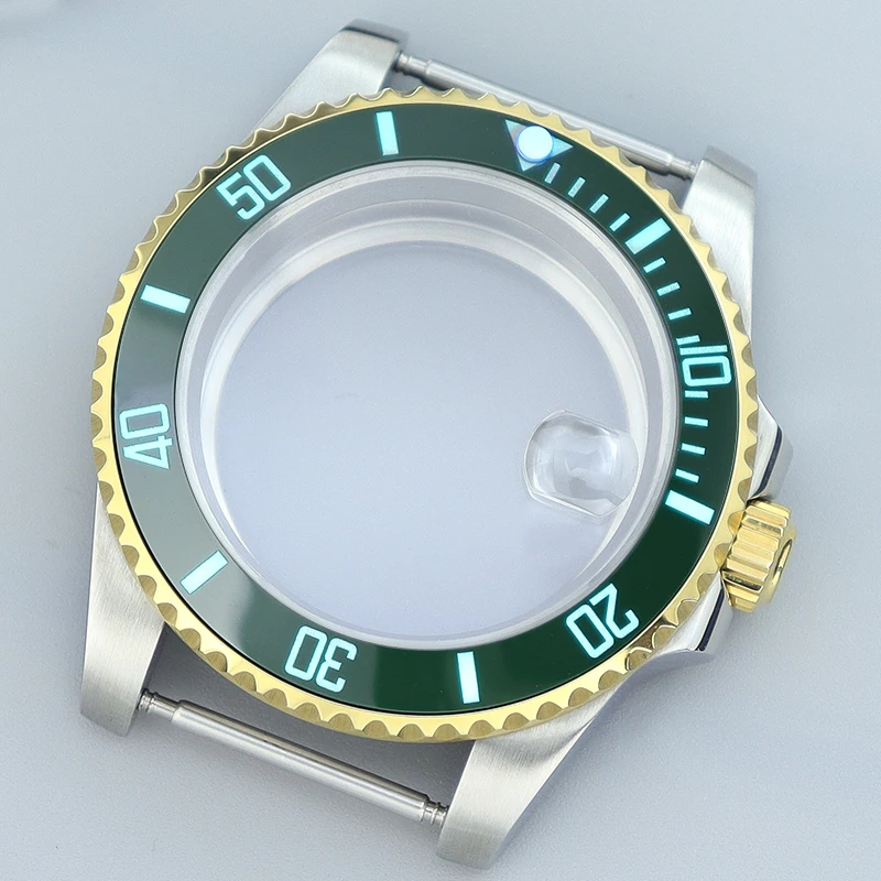 

Diving 40mm 120clicks Bezel Watch Part Case Full Text C3 Luminous Green bezel Gold MOD Sapphire Fit SUB Seiko Nh35Nh36 2824 8215