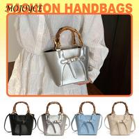 Women Top-Handle Handbag PU Leather with Bamboo Handle Luxury Shoulder Bag Solid Color Ladies Commute Bag