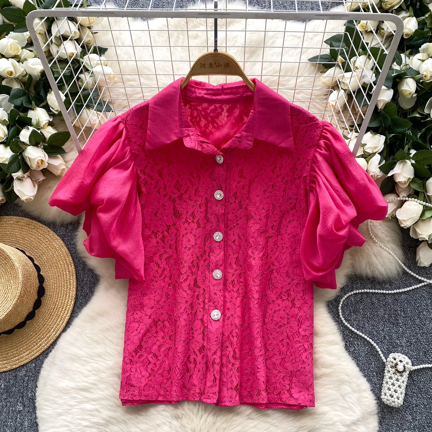 

Sexy Pleated puff sleeve mesh Slim Blouse Elegant Korean Fashion Top Sexy Shirt Summer Women Clothing