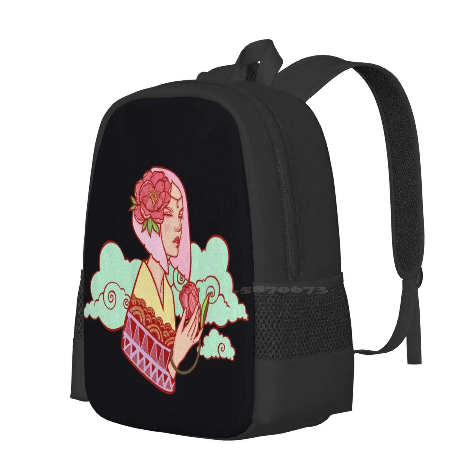 Peony Pattern Design Bagpack School Bags Portrait Fantasy Pastel Peony Girl Japanese Kimono Laura Tanuwidjaya Pink