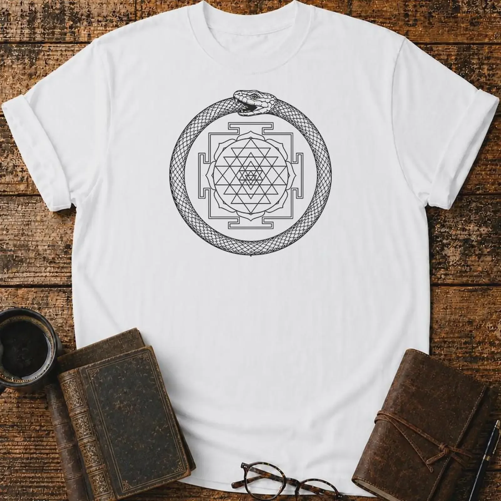 Sri Yantra Ouroboros T Shirt Sacred Geometry Eternal Cycle Symbol  vintage Washed homme Slightly Top For Everyday Wear Soft