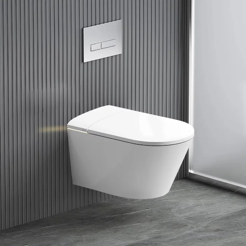 โถสุขภัณฑ์ติดผนังอัจฉริยะพร้อมฝาเปิดอัตโนมัติ เซ็นเซอร์ตรวจจับการนั่ง รีโมทคอนโทรล ระบบทำความร้อน แผ่นโฟมในตัว ทรงยาว ไม่ใช้น้ำ