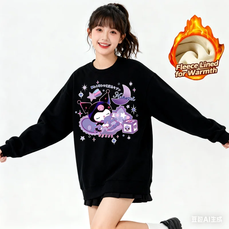 تي شيرت بأكمام طويلة ورقبة دائرية مطبوعة من سلسلة سانريو، تي شيرت لطيف ودافئ مبطن بالصوف برقبة دائرية وأكمام طويلة، قطن 100%