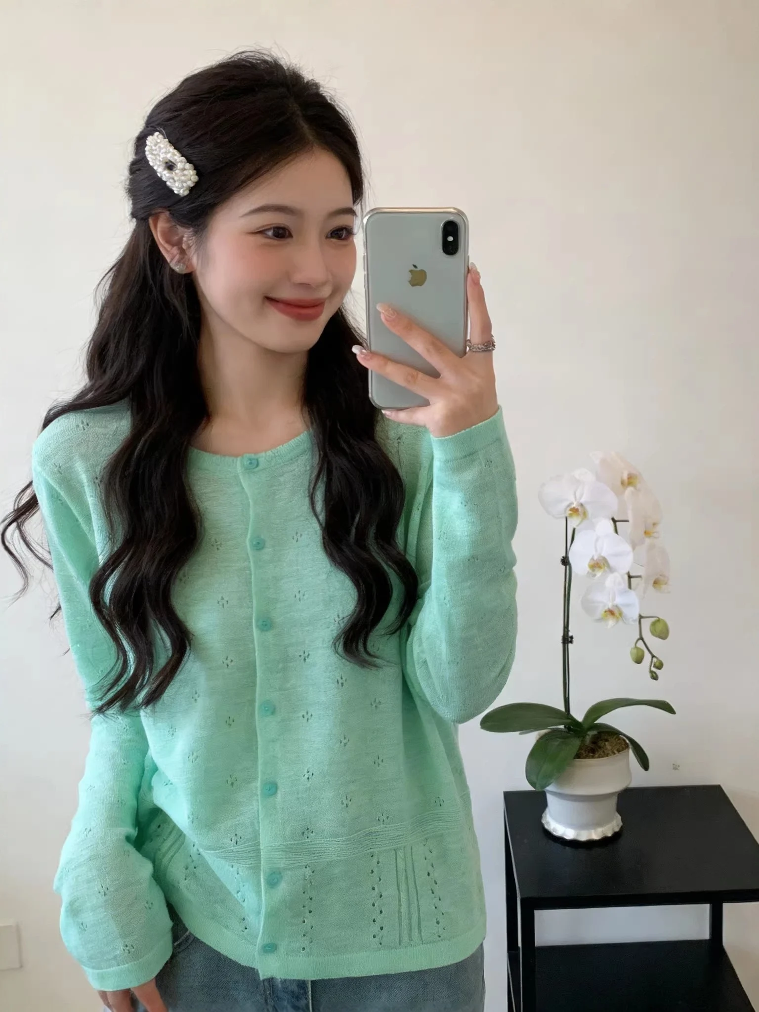 

Mint Wave Green Thin Long Sleeve Knitted Cardigan Women's Dopaamine Top Outer Covering Air Conditioner Sleeve Style Casual Wear