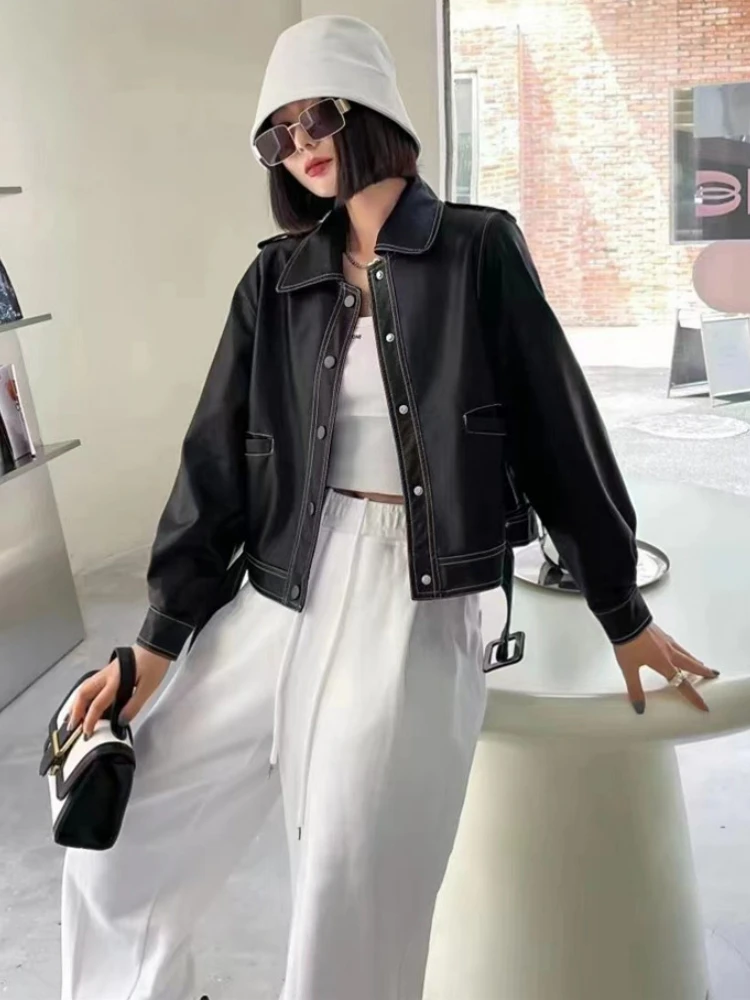 Winter Fashion Biker Cropped Leather Jackets Women Black Korean Loose Ladies Moto Jacket 2022 Autumn Outerwear Pockets Chic Tops