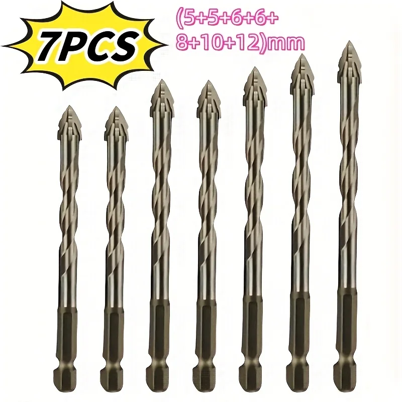 7Pcs Multi‑Purpose Eccentric Alloy Drill Bits, Dry & Wet Use, Hex Shank for Home Renovation Drilling Tasks