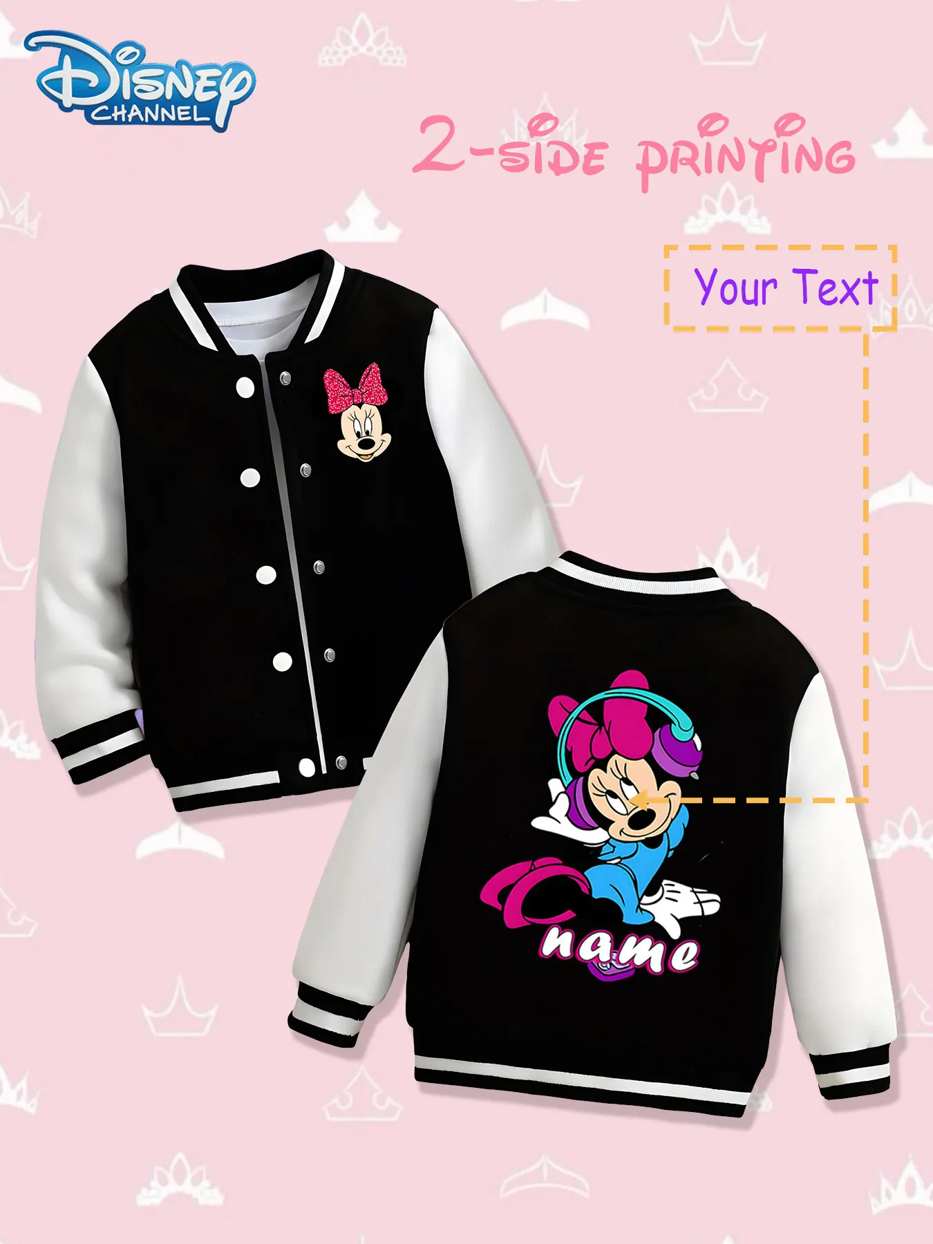 

MINISO Disney Minnie Mouse Musical Girls Baseball Jacket - Double-sided trendy print, warm and personalized for autumn and winte