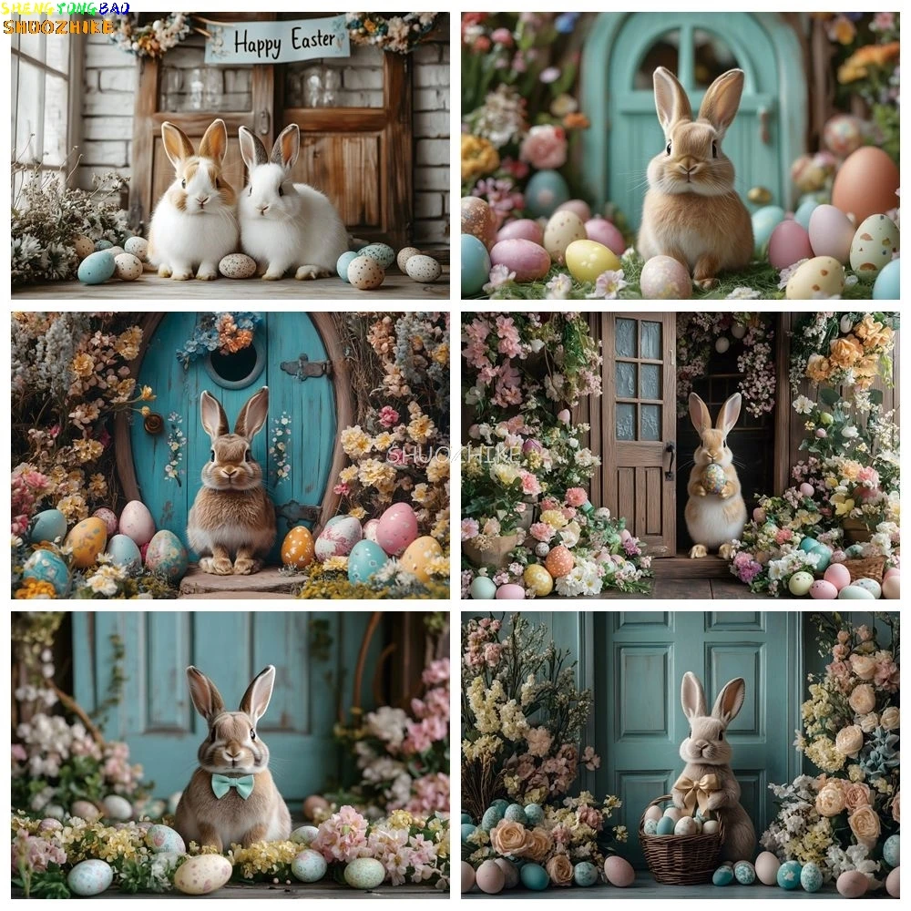 Frohe Ostern Hasen-Hintergrundkulisse Frühlingsblumen Ostereier Geburtstagsparty-Dekoration Kinderporträt-Fotografie-Hintergrund Fotobox