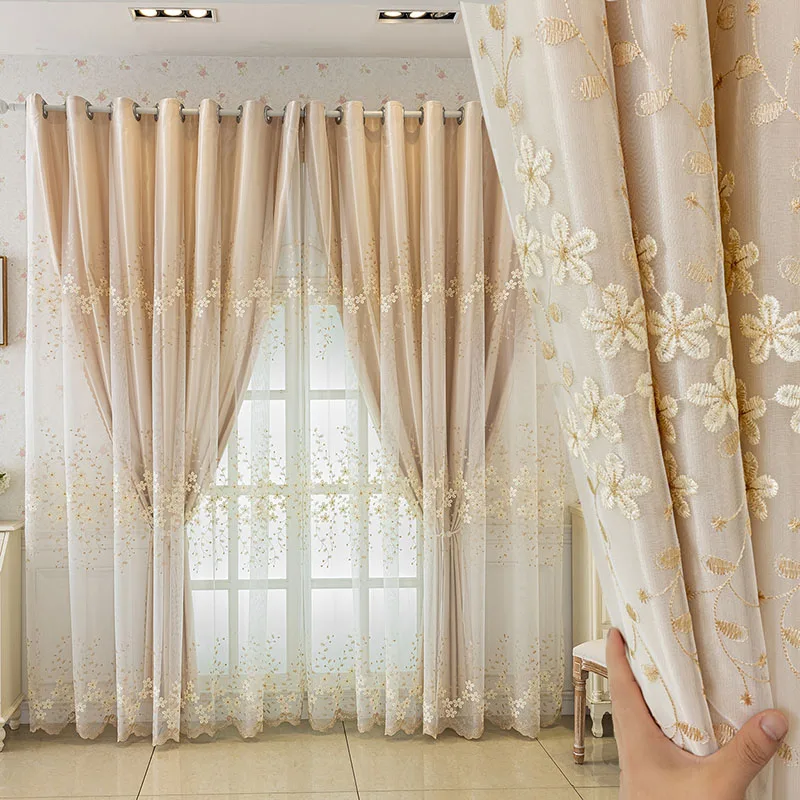 Pastoraler Gaze-Doppelschicht-Vorhang mit Blumenstickerei, Hochverdunkelnde Vorhänge für Wohnzimmer und Schlafzimmer, Lichtundurchlässige Fensterdekorationen