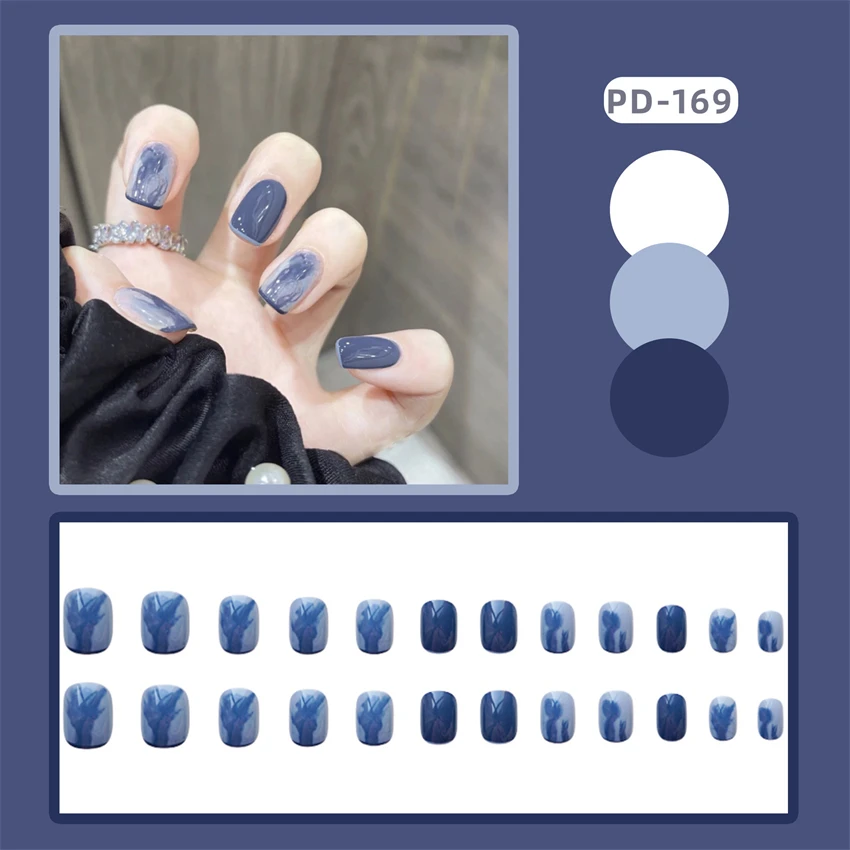 24 pz/lotto Blue Halo Short Fake Nails Art Full Cover Press on punte per unghie acriliche rimovibili riutilizzabili indossando forniture per unghie finte