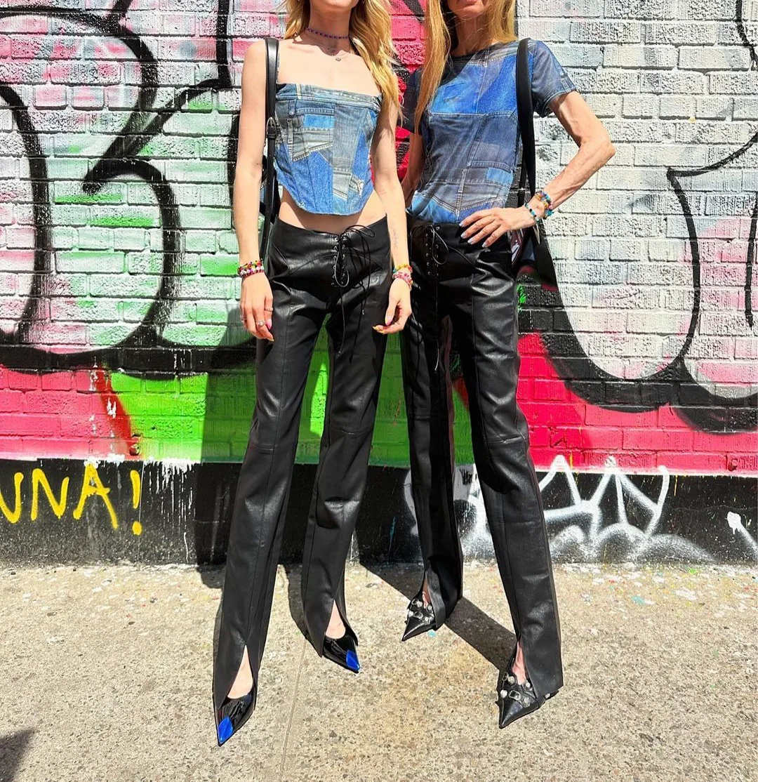 Cryptographic Fashion Lace Up PU Faux Leather Straight Pants for Women Streetwear Bottom Club Party Pant Trousers
