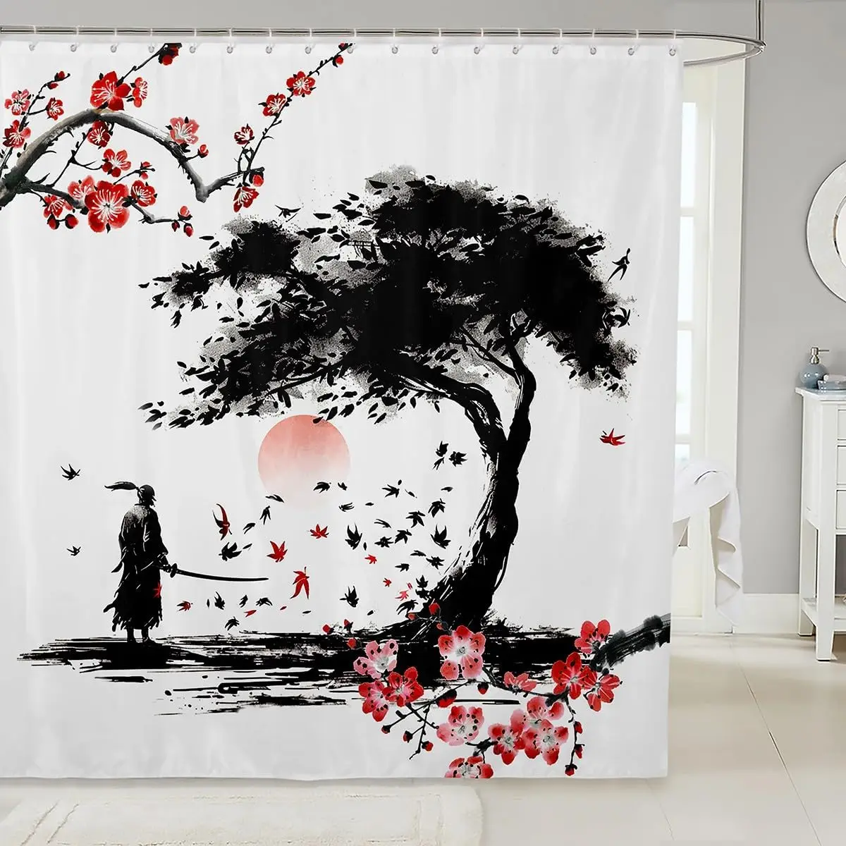Japanese Samurai Bath Curtain Boys Girls Fallen Leaves Shower Curtain for Kids Women Men Waterproof Floral Bathroom Shower