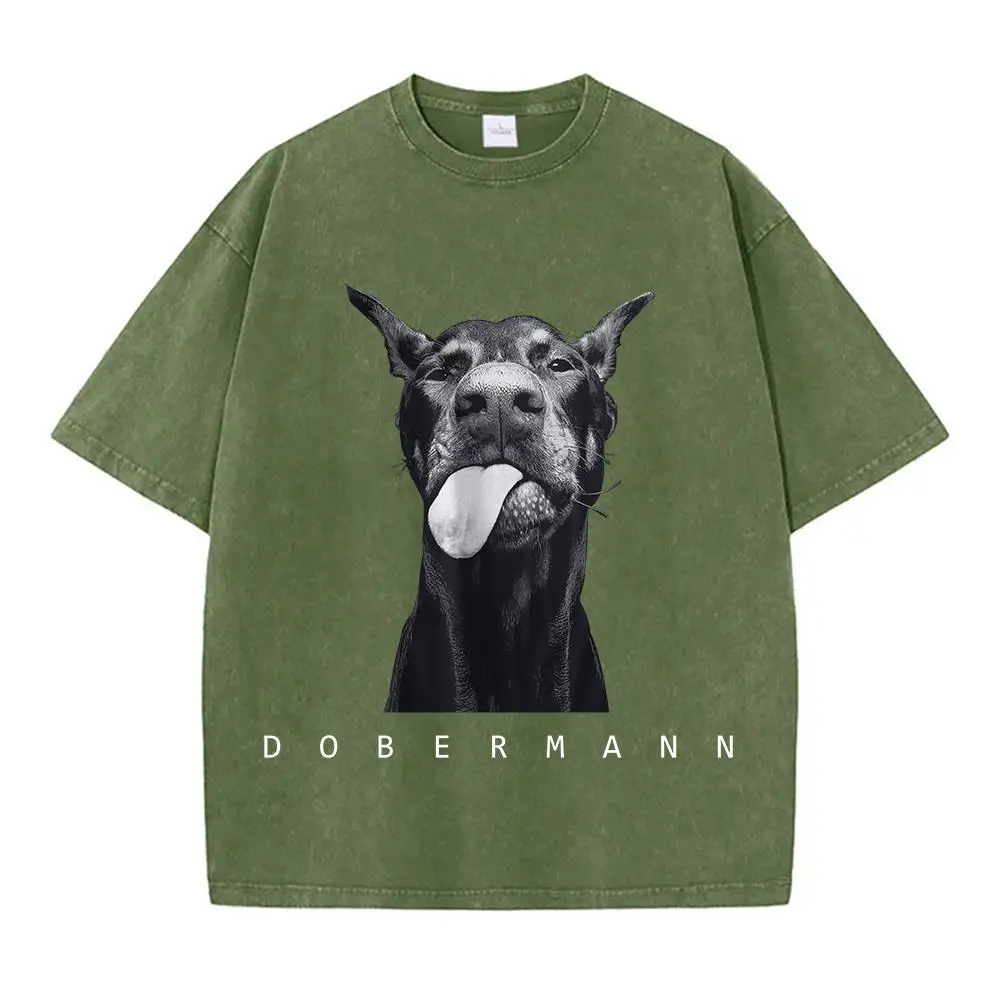 เสื้อยืดผ้าฝ้ายฟอกสำหรับผู้ชาย พิมพ์ลายโดเบอร์แมนที่ทันสมัยและสร้างสรรค์ แขนสั้น คอกลม ทรงหลวม สไตล์สตรีทแวร์แบบดูเก่า