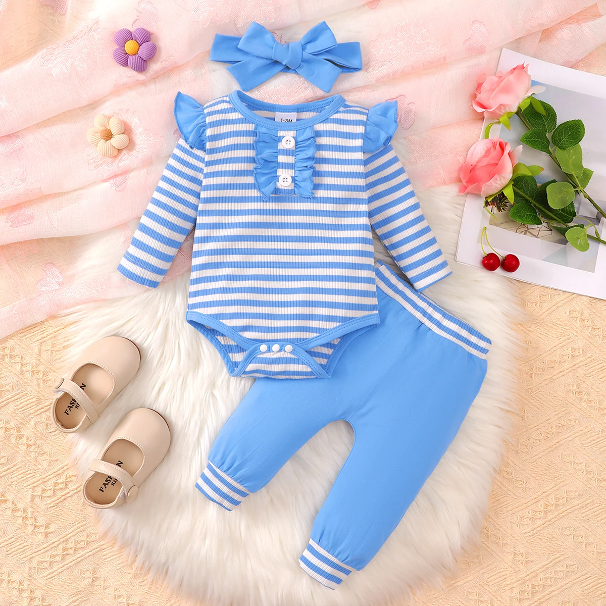 Baby Girls Clothes Set Sweet Cute Pit Strip Ruffle Long Sleeve Triangle Bodysuit Top Trousers All Seasons Fashion Casual Suit