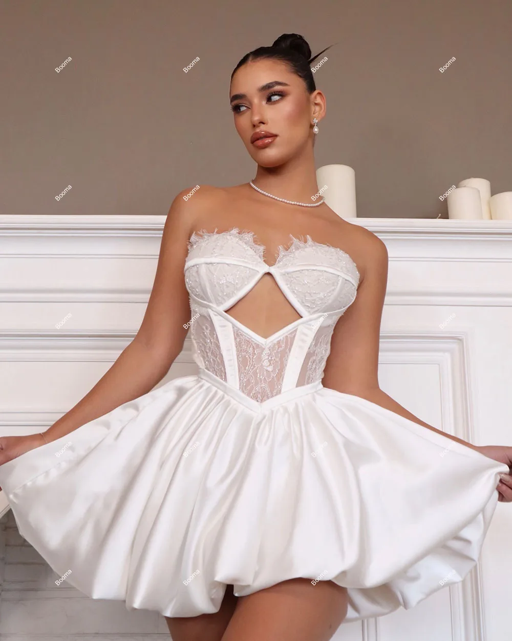 Booma-Mini robe de soirée de mariage A-Line pour femme, robe de cocktail en dentelle teintée, jupe bouffante chérie, robe de mariée, quoi que ce soit