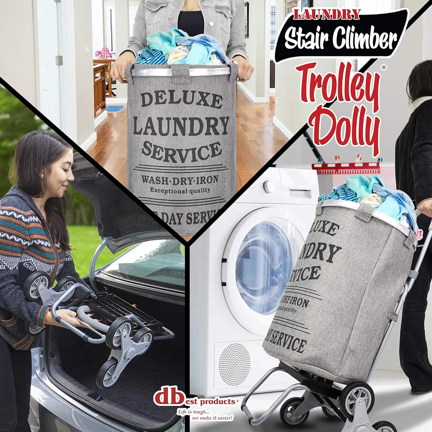 Productos Escalador de escaleras Carro de lavandería Dolly, Bolsa de lavandería gris Carro de cesta con clasificador de ruedas