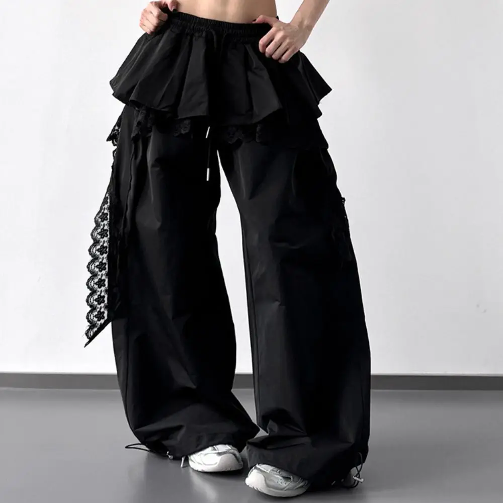 

Sweet Young Women Lace Patchwork Pants High Waist Baggy Lace Tiered Skirt Pants Casual Hip Hop Wide Leg Trousers Lady