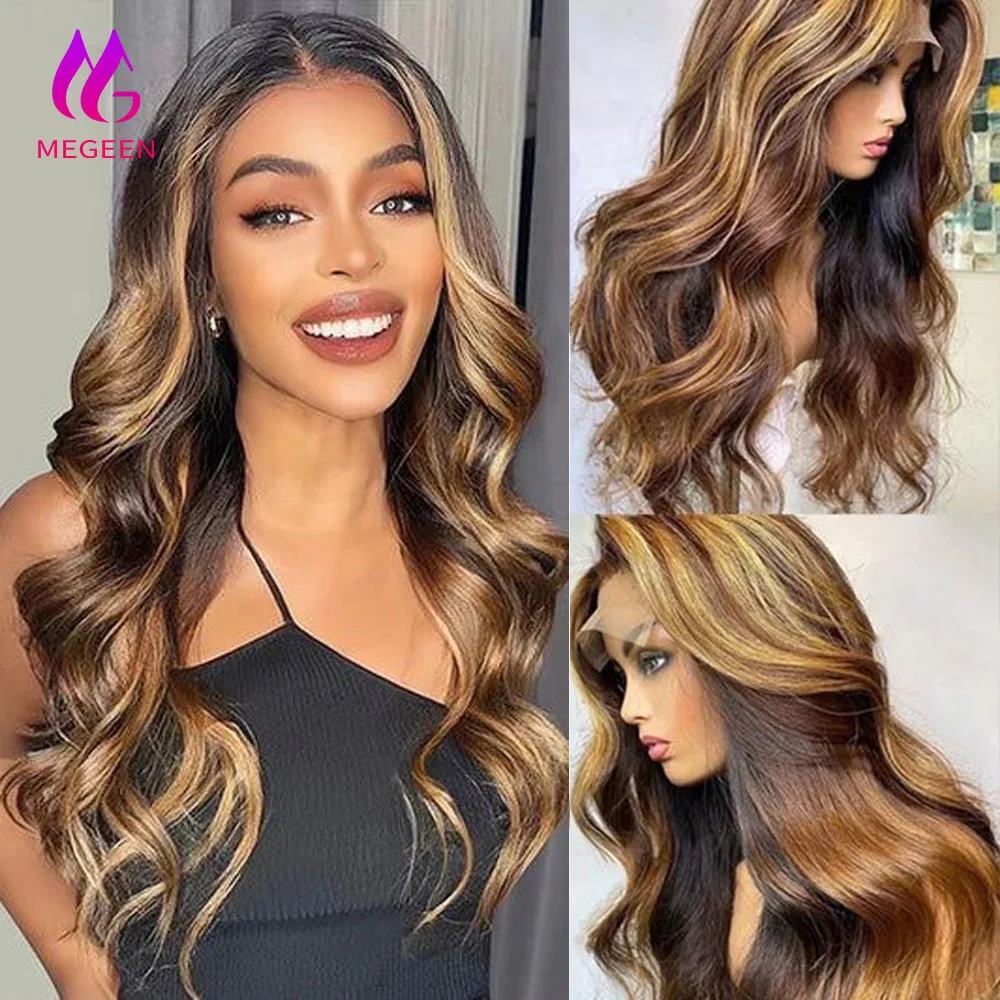 Megeen 하이라이트 풀 레이스 프론트 가발, HD 투명 레이스 프론트 가발, P4/27 허니 블론드 옴브레 컬러 가발, 180% 36 인치 바디 웨이브