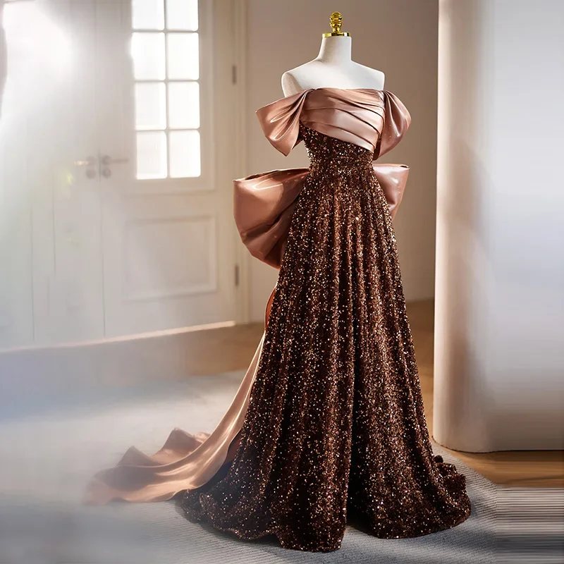 Customized Evening Dress Brown Satin Sequins Off the Shoulder Lace up Floor-Length Bow A-Line Plus size Party Formal Woman Gown