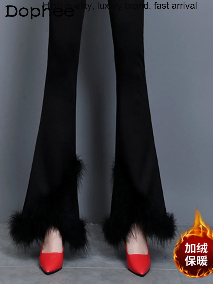 Bell-Bottom Fleece-Lined Thick Pants Women Fall Winter Outer Wear Leggings Stretch Rabbit Fur Edge Black Wide-Leg Trousers Tide