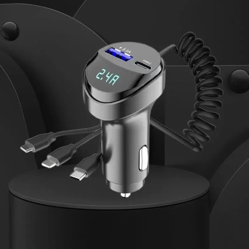 3 in 1 Car Charging Adapter 3.1A Retractable Cable Voltage Display USB Cigarette Lighter Socket for Cell Phone Daily Use