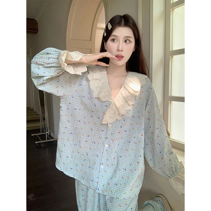 Lace Sleepwear Women Pajama Sets Piiama Autumn Pants Sets 2 Pieces Plaid Floral Flare Long Sleeve Night Wears V-neck Home Suit