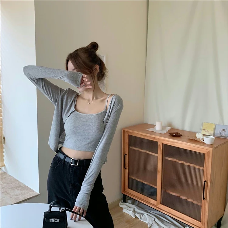 

Spring Autumn Women's Light Long Sleeve Cardigan Outerwear Sun Protection Grey Thin Versatile Stylish round Neck Shirt Sleeve