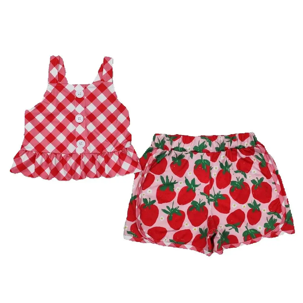 

Wholesale Baby Girl Summer Red Checkered Straps Top Strawberry Shirt Toddler Kid Short Clothes Outfits For Children