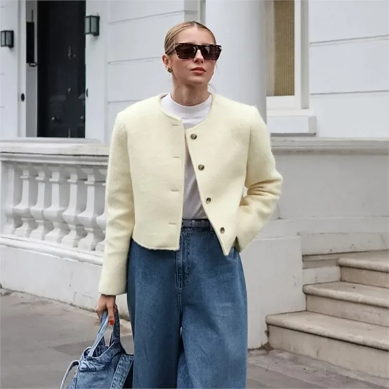 Fmxires Women'sAutumn Slim Short Knitted Cardigan Jacket Retro Round Neck Gold Breasted Decoration Elegant Women's Casual Jacket